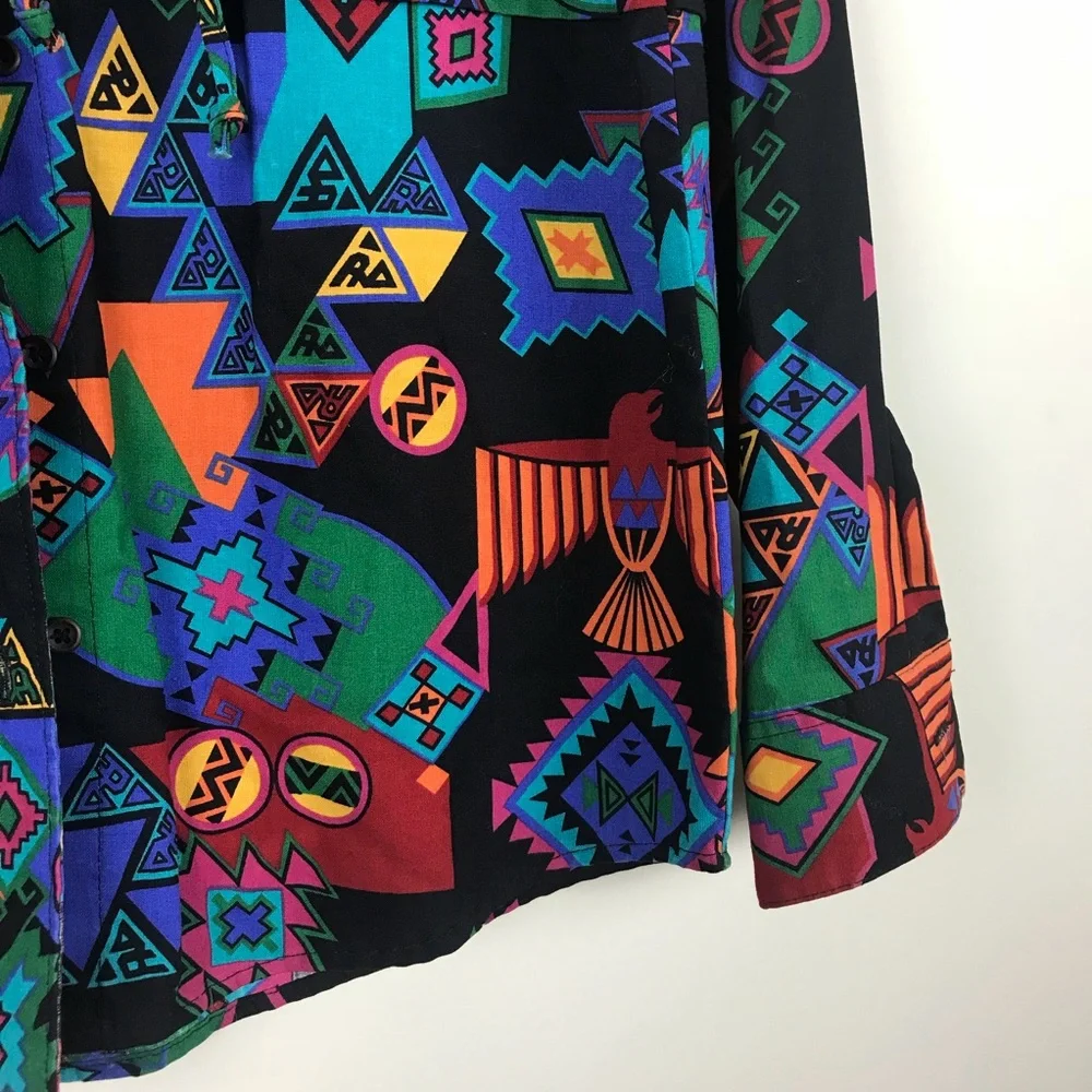 VINTAGE Tribal Aztec Print Button Down Shirt - M - Picture 6 of 8